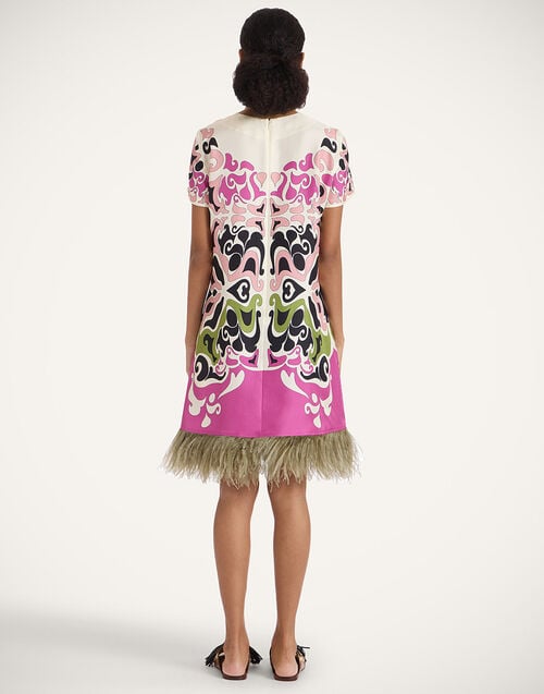 La Doublej Mini Swing Dress Phoenix Placée Pink In Silk Twill With Feathers