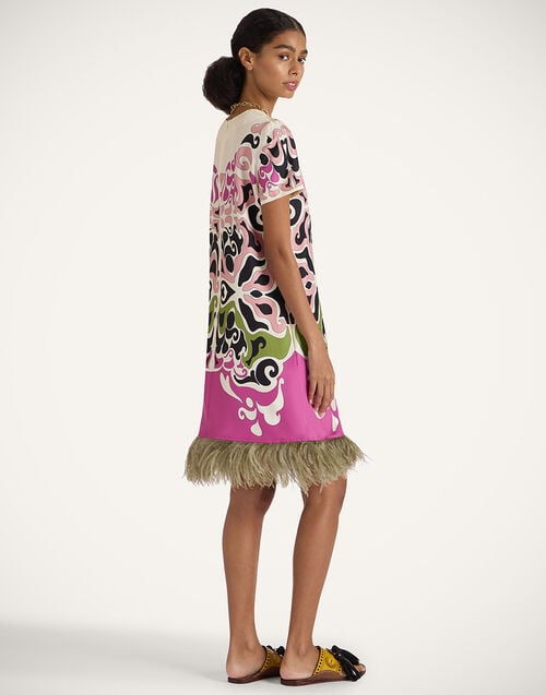 La Doublej Mini Swing Dress Phoenix Placée Pink In Silk Twill With Feathers