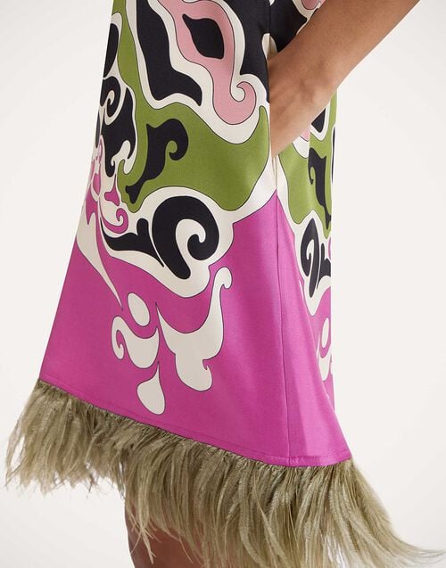 La Doublej Mini Swing Dress Phoenix Placée Pink In Silk Twill With Feathers