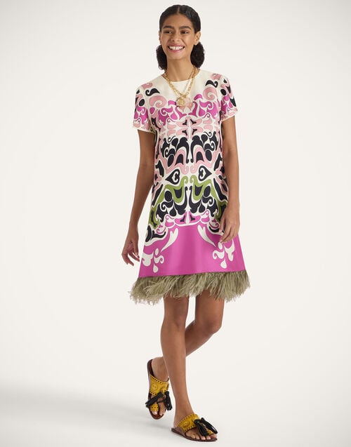 la doublej Mini Swing Dress Phoenix Placée Pink in Silk Twill With Feathers