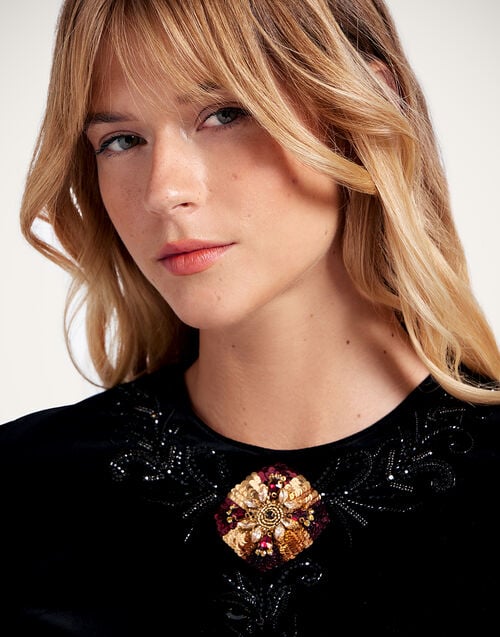 La Doublej Mini Swing Dress Solid Black In Coat Velvet Embroidered