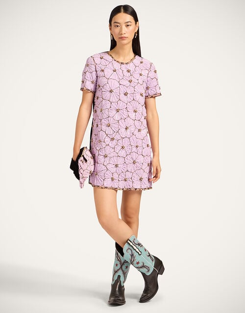 La Doublej Mini Swing Dress Solid Lilac In Crystal Chiffon Embroidery