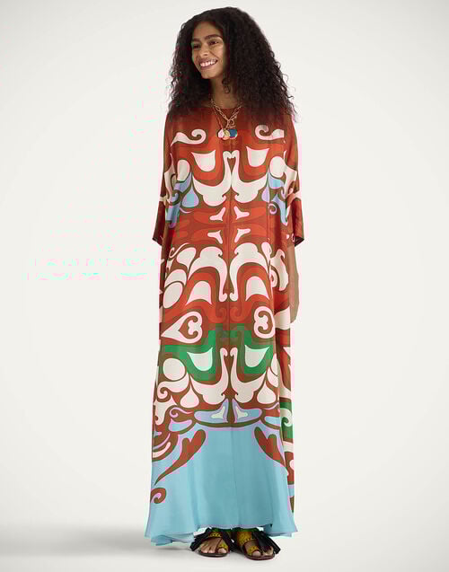 la doublej Muumuu Dress Round Neck Phoenix Placée Light Blue in Silk Twill