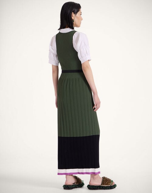 La Doublej Organetto Dress Color Block Black & Camouflage In Knit Plissé