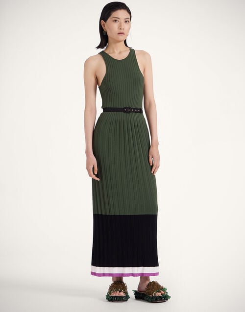 La Doublej Organetto Dress Color Block Black & Camouflage In Knit Plissé