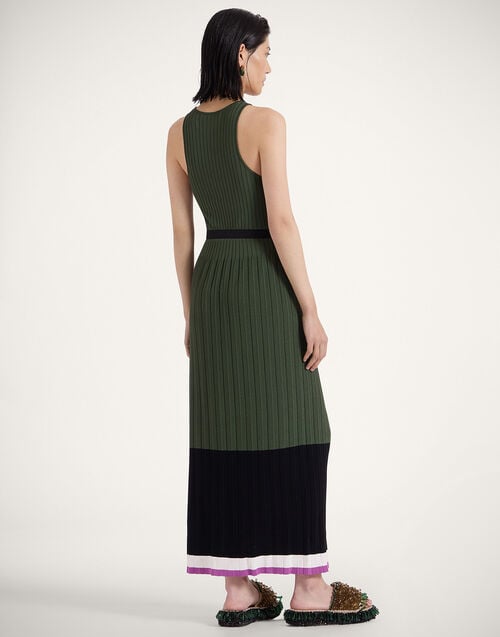 La Doublej Organetto Dress Color Block Black & Camouflage In Knit Plissé