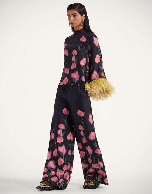 la doublej Palazzo Pants Anthurium Black in Silk Twill