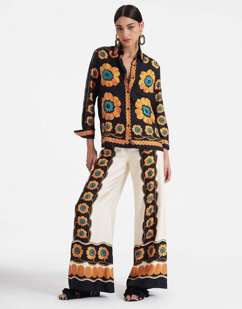 la doublej Palazzo Pants Daisychain Placée Orange in Silk Twill