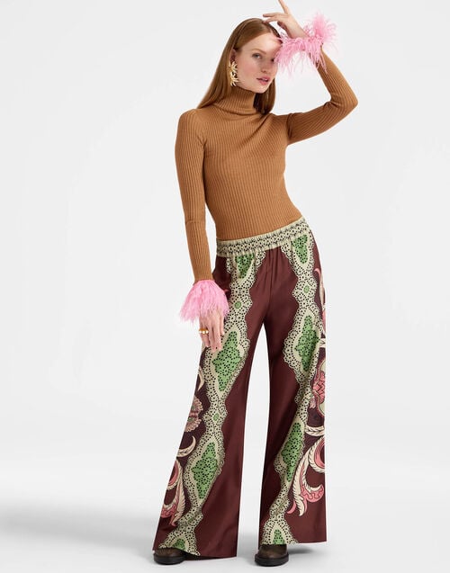 la doublej Palazzo Pants Portal Placée Brown in Silk Twill