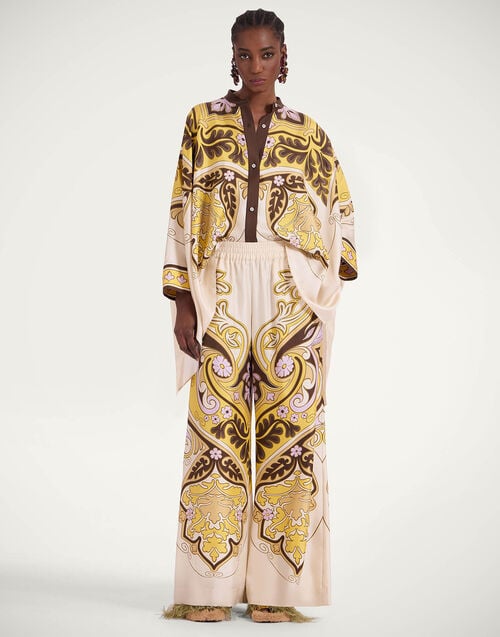 la doublej Palazzo Pants Spells Placée Yellow in Silk Twill