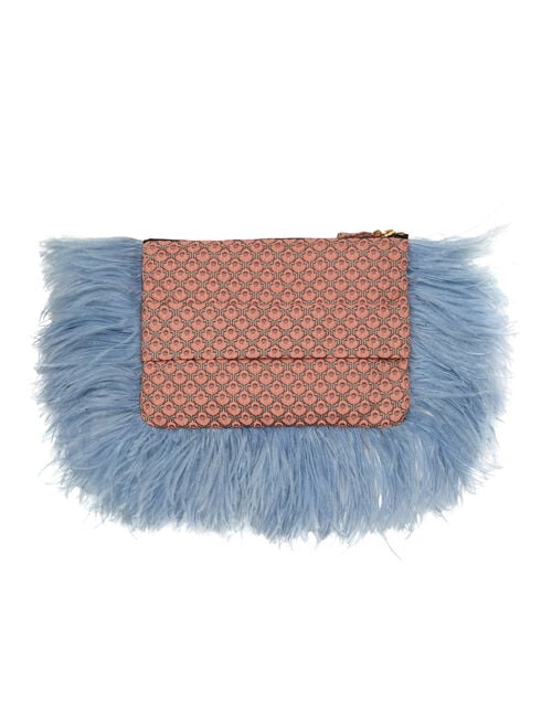 La Doublej Party Pochette Tulip Pale Pink In Jacquard With Feathers