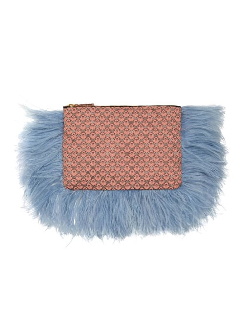 la doublej Party Pochette Tulip Pale Pink in Jacquard With Feathers