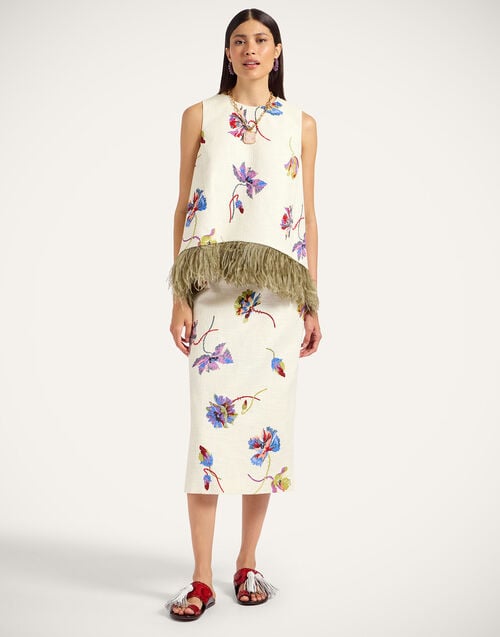 la doublej Pencil Skirt Infiorata White in Rustic Cotton