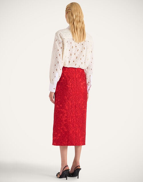 La Doublej Pencil Skirt Peony Red In Light Jacquard Matelassé