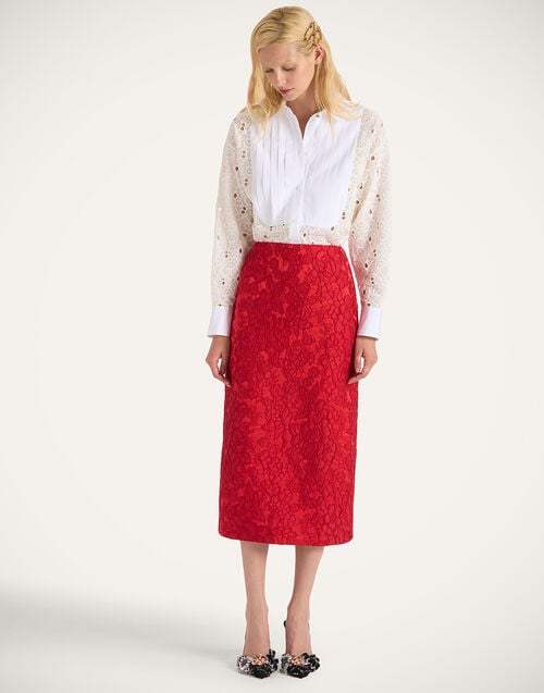 La Doublej Pencil Skirt Peony Red In Light Jacquard Matelassé