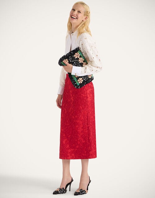 La Doublej Pencil Skirt Peony Red In Light Jacquard Matelassé