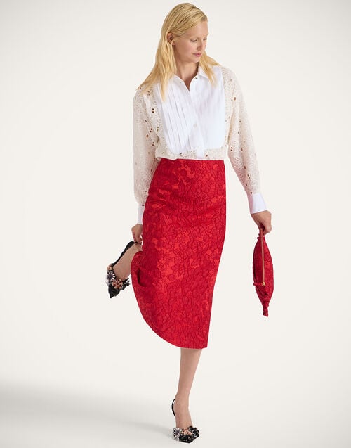 la doublej Pencil Skirt Peony Red in Light Jacquard Matelassé