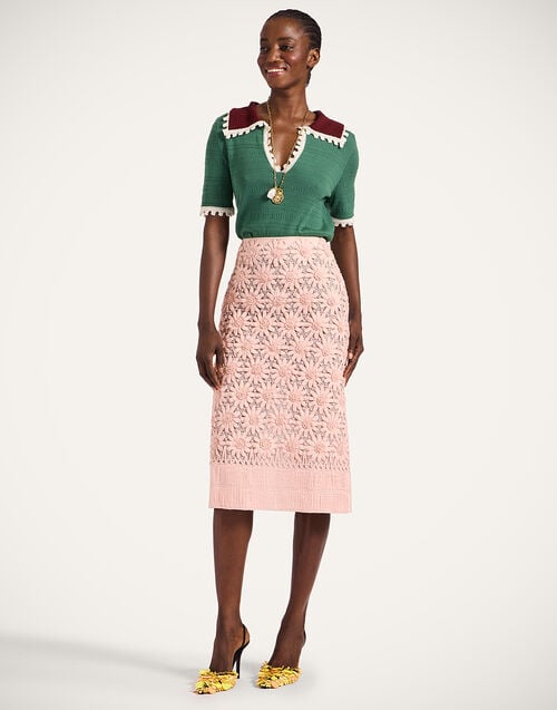 La Doublej Pencil Skirt Solid Pink In Embroidered Crisp Cotton