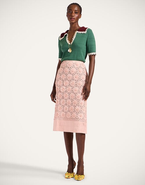 la doublej Pencil Skirt Solid Pink in Embroidered Crisp Cotton