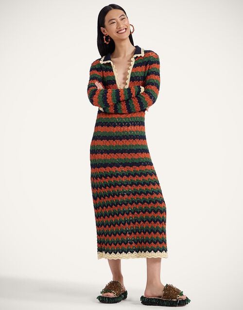 La Doublej Perry Knit Dress Multicolor Rust & Military In Popcorn Crochet