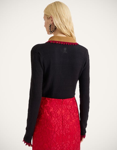 La Doublej Picket Polo Jumper Solid Black In Cotton Cashmere