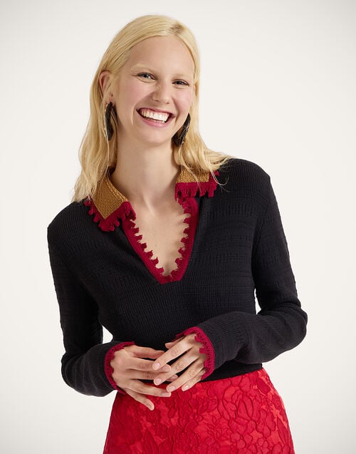 La Doublej Picket Polo Jumper Solid Black In Cotton Cashmere