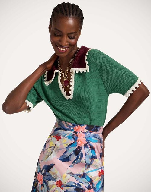 la doublej Picket Polo Top Solid Green in Cotton Cashmere