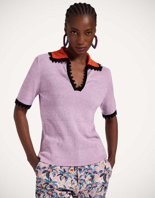 La Doublej Picket Polo Top Solid Lilac In Cotton Cashmere
