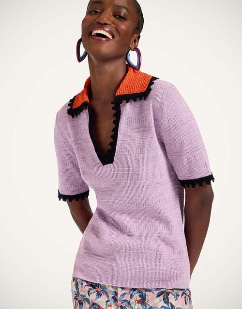 la doublej Picket Polo Top Solid Lilac in Cotton Cashmere