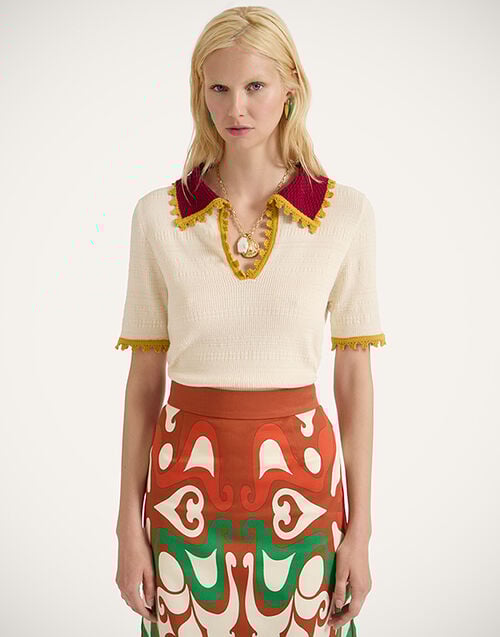 La Doublej Picket Polo Top Solid White In Cotton Cashmere