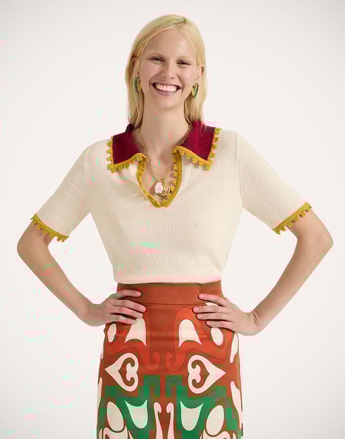 la doublej Picket Polo Top Solid White in Cotton Cashmere