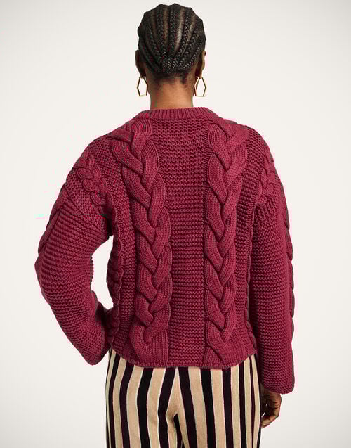 La Doublej Portrait Cardigan Solid Burgundy In Chunky Wool