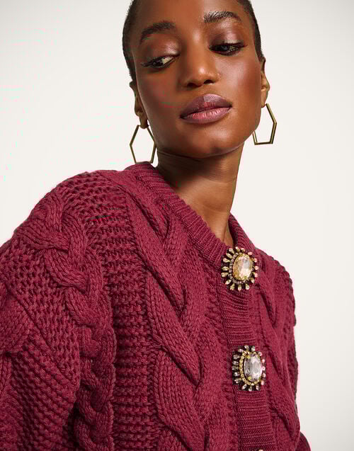 La Doublej Portrait Cardigan Solid Burgundy In Chunky Wool