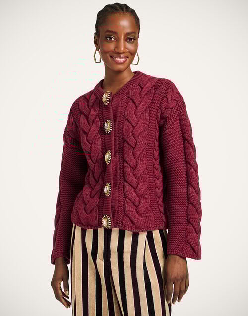 la doublej Portrait Cardigan Solid Burgundy in Chunky Wool