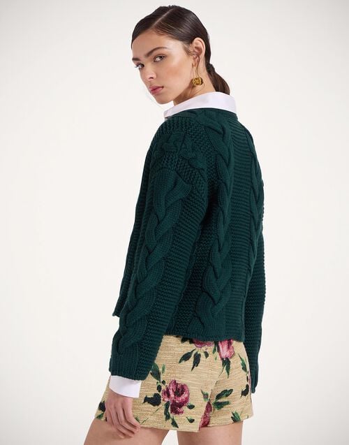 La Doublej Portrait Cardigan Solid Green In Chunky Wool
