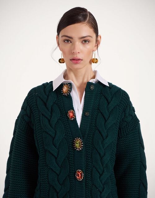 La Doublej Portrait Cardigan Solid Green In Chunky Wool