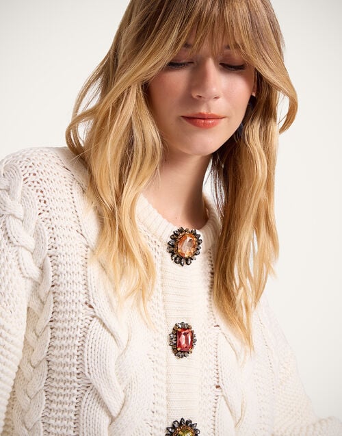 La Doublej Portrait Cardigan Solid Ivory In Chunky Wool