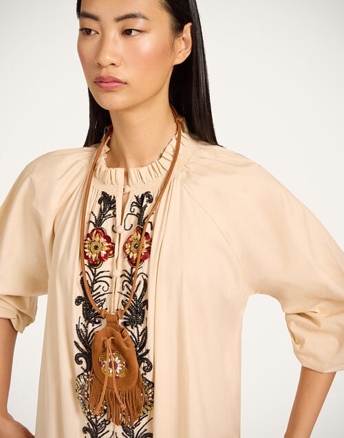 La Doublej Power Pouch Solid Tan In Embroidered Nubuck Leather