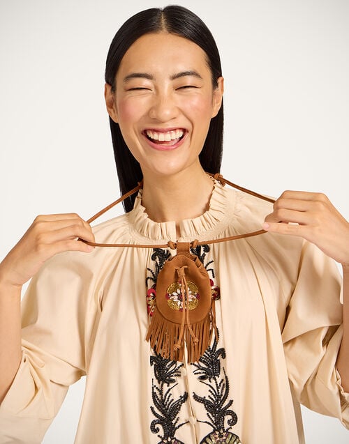 la doublej Power Pouch Solid Tan in Embroidered Nubuck Leather