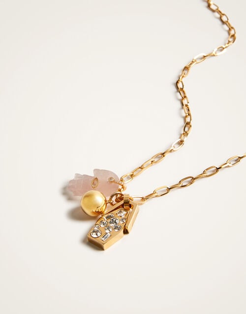 La Doublej Protection Charm Necklace 24k Gold Plate & Pink Quartz