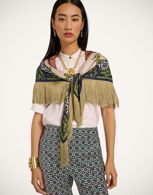 La Doublej Reversible Fringe Foulard 90 Mariposa Placée Celeste In Silk Twill