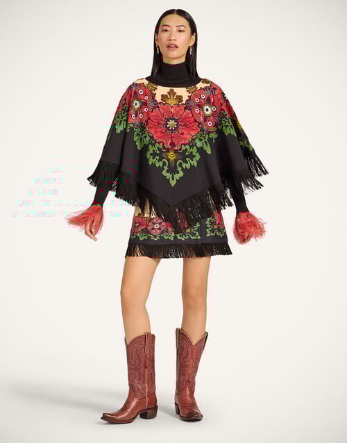 La Doublej Reversible Mini Poncho Bounty Placée Red In Envers Satin With Fringes
