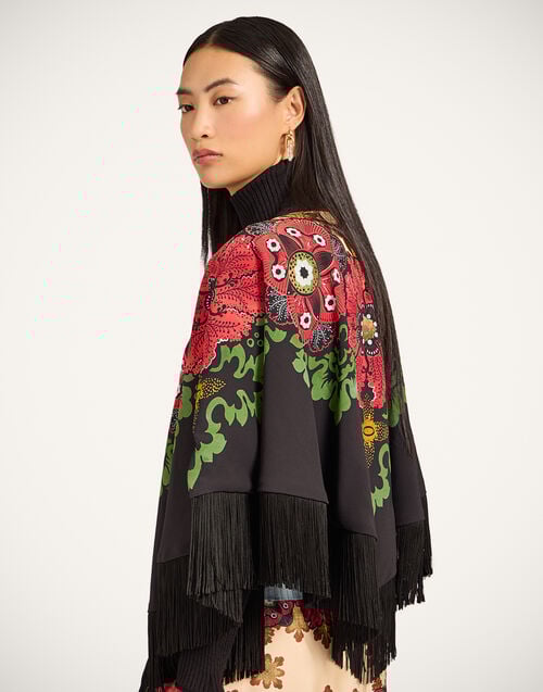 La Doublej Reversible Mini Poncho Bounty Placée Red In Envers Satin With Fringes