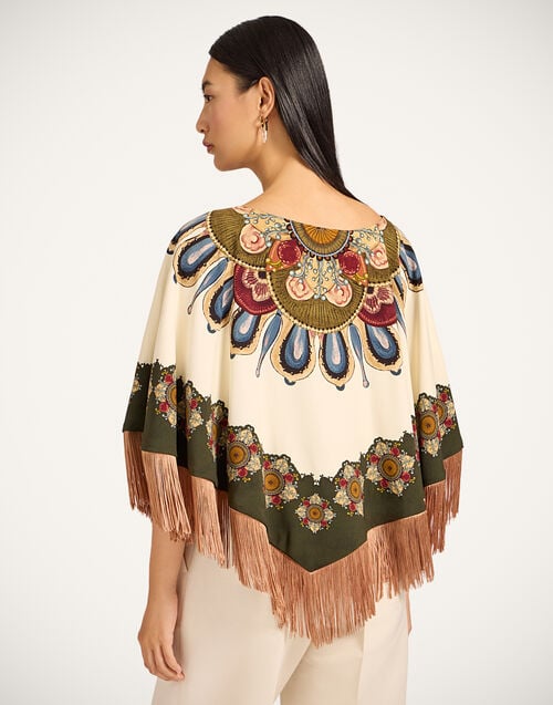 La Doublej Reversible Mini Poncho Nucleus Placée Off White In Envers Satin With Fringes