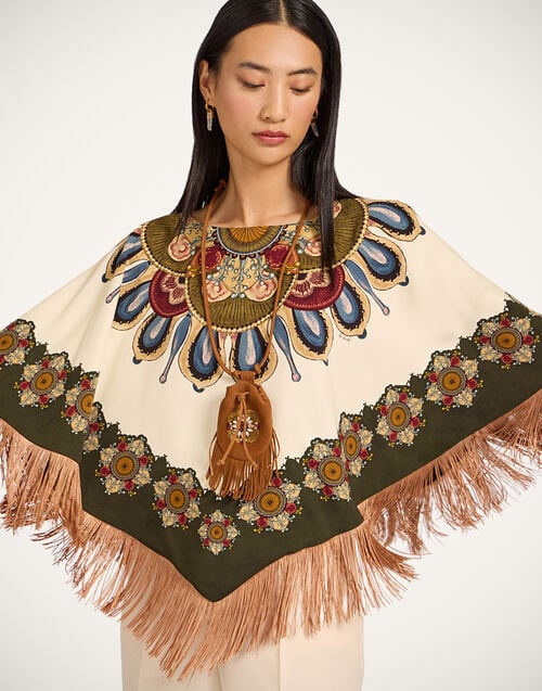 La Doublej Reversible Mini Poncho Nucleus Placée Off White In Envers Satin With Fringes