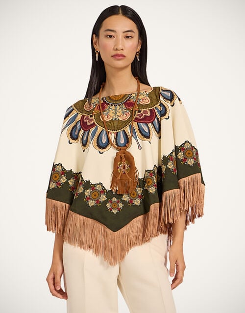 la doublej Reversible Mini Poncho Nucleus Placée Off White in Envers Satin With Fringes
