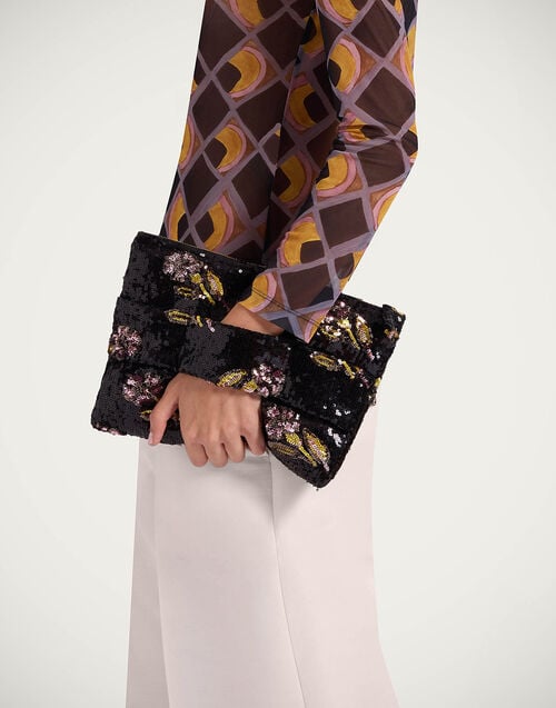 la doublej Ruffle Pochette Mayfair Black in Paillettes