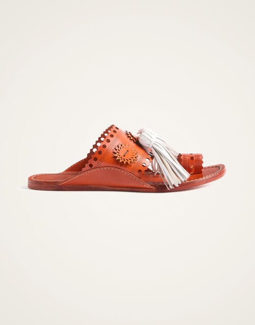 La Doublej Sandy Slides Solid Orange In Leather With Tassels