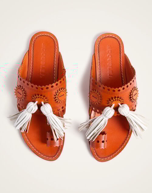 La Doublej Sandy Slides Solid Orange In Leather With Tassels
