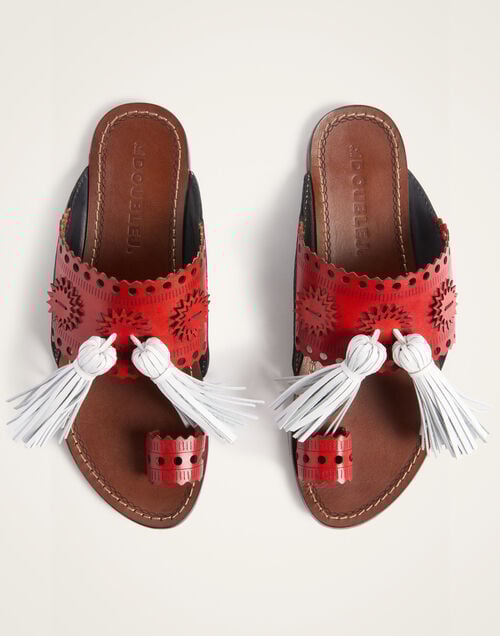 La Doublej Sandy Slides Solid Red In Leather With Tassels